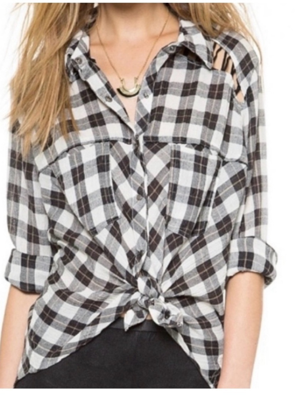 FREE PEOPLE Black White Plaid Snap Button Down Shirt Cutout Size Small